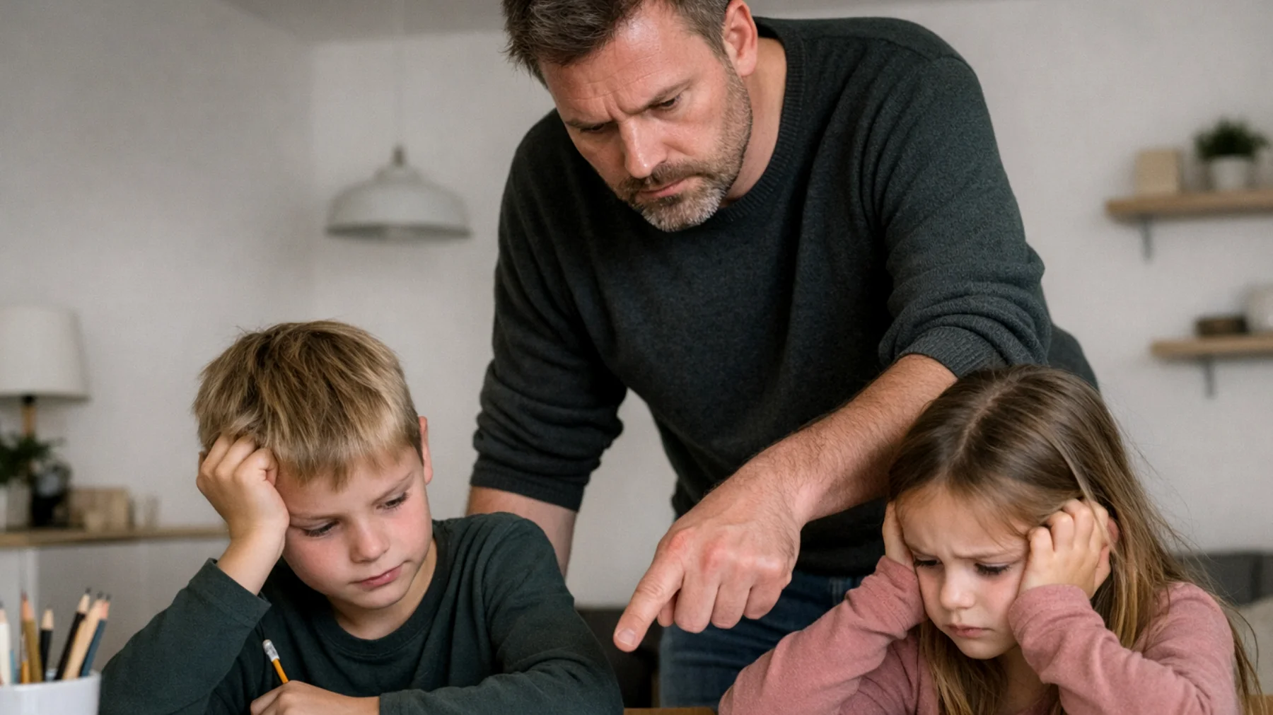 Der Vater übt übermäßigen Druck auf seine Kinder aus, indem er hohe Erwartungen in Bezug auf schulische Leistungen, sportliche Aktivitäten und allgemeine Lebensleistungen stellt. Er verlangt Perfektion und reagiert mit Enttäuschung oder Kritik, wenn die Kinder seine Erwartungen nicht erfüllen. Dies führt dazu, dass die Kinder sich überfordert, ängstlich und nie gut genug fühlen."