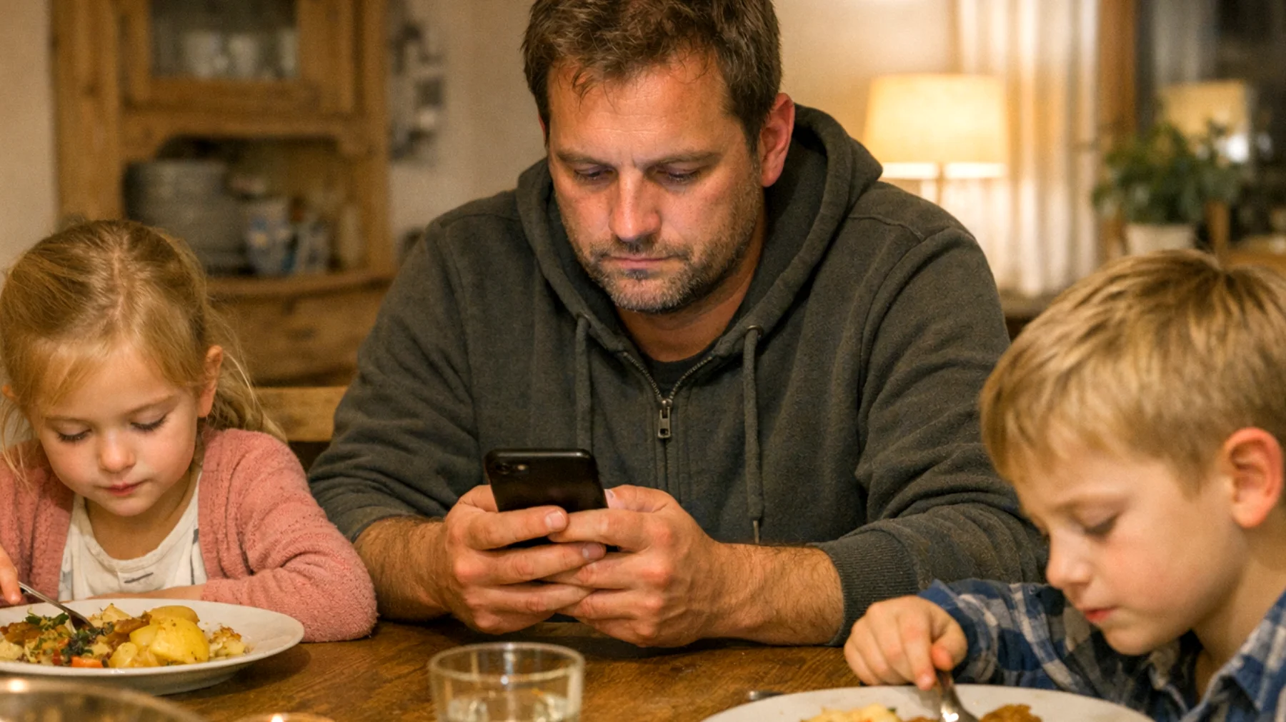 Der Vater verbringt trotz physischer Anwesenheit zu Hause kaum wirklich bedeutsame Zeit mit seinen Kindern: gemeinsame Momente reduzieren sich auf alltägliche Routinen wie Mahlzeiten oder kurze Fahrten, ohne echten emotionalen Austausch oder gemeinsame Aktivitäten. Die Kinder beginnen, die Abwesenheit des Vaters als emotionale Gleichgültigkeit wahrzunehmen."